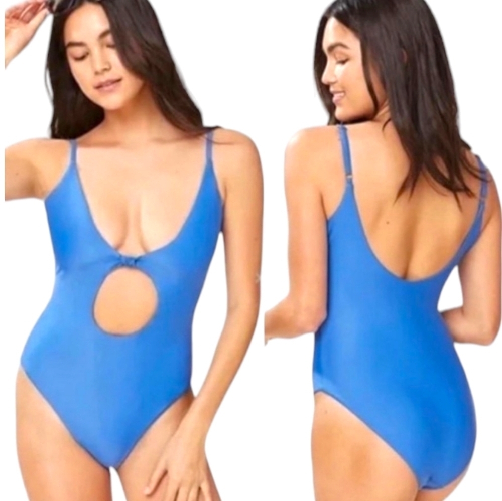 Andie Swim The Santorini Horizon Blue One-Piece Swimsuit Cutout Straps MED NWT